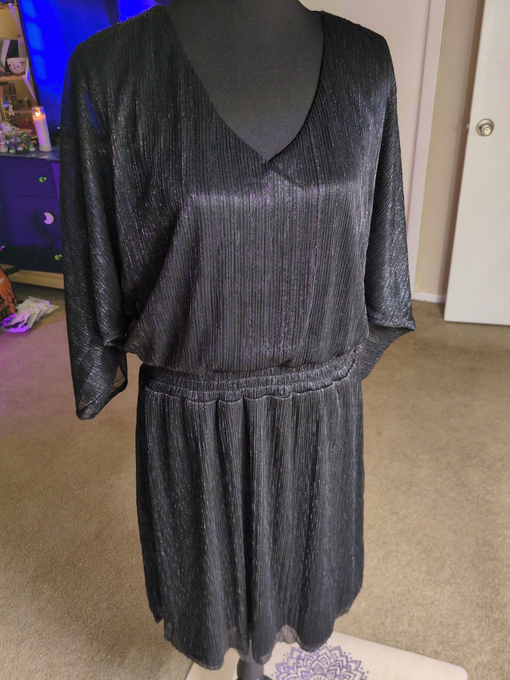 MSK Black Shimmer V-Neck Pleated Midi Dress